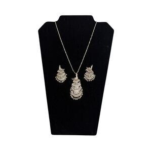Vintage Silver Tone Peacock Necklace & Earrings Set Filigree Statement Jewelry
